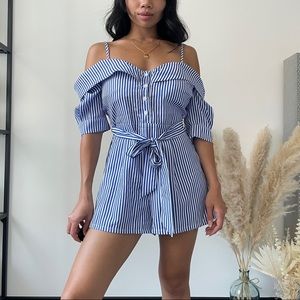 Blue & White Stripe Off-The-Shoulder Romper